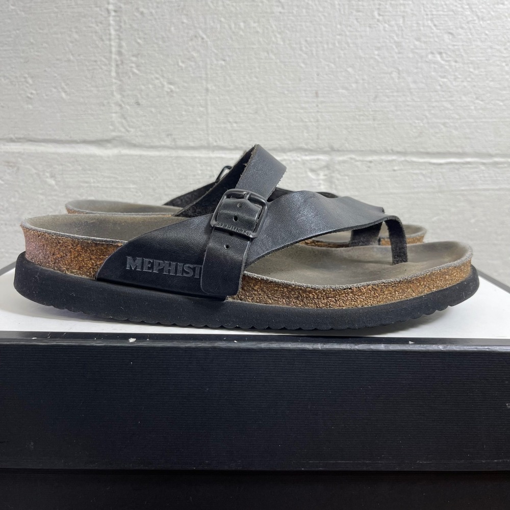 Mephisto‎ Helen Black Leather Cork Thong Sandals Slip On Women's 40 EU/10 US